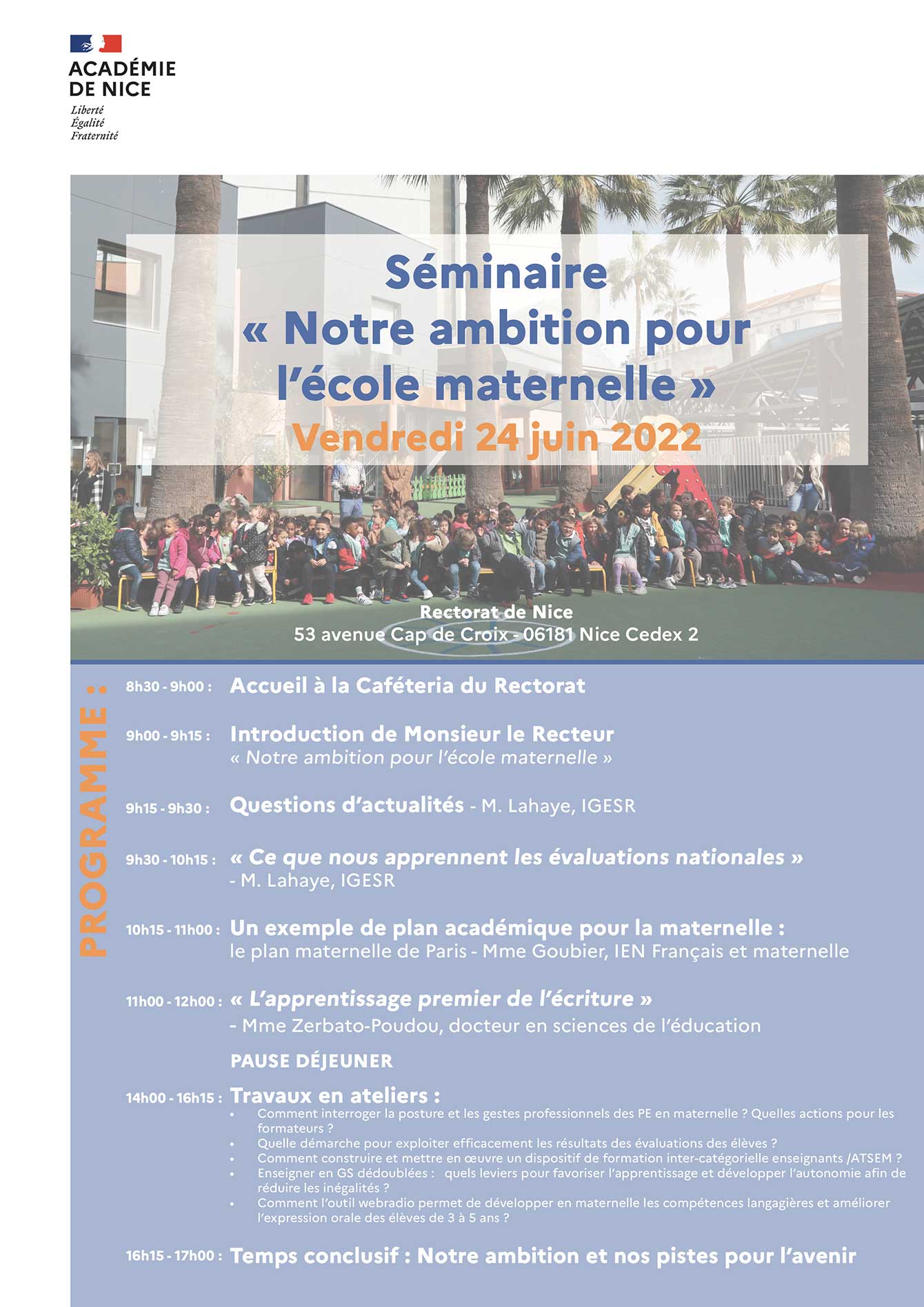 Affiche et programme du séminaire « Notre ambition pour l’école maternelle » 